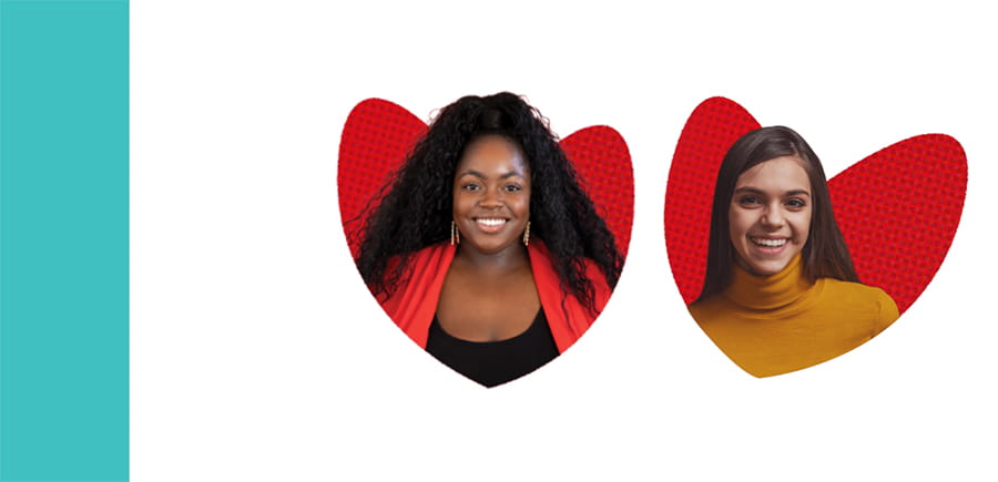 one woman and one teen in heart shaped backgrounds